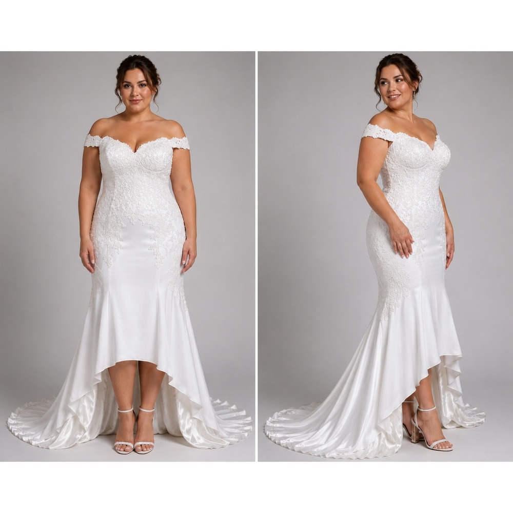 May Queen Couture White Lace Off Shoulder High Low Mermaid Wedding Dress Size 12